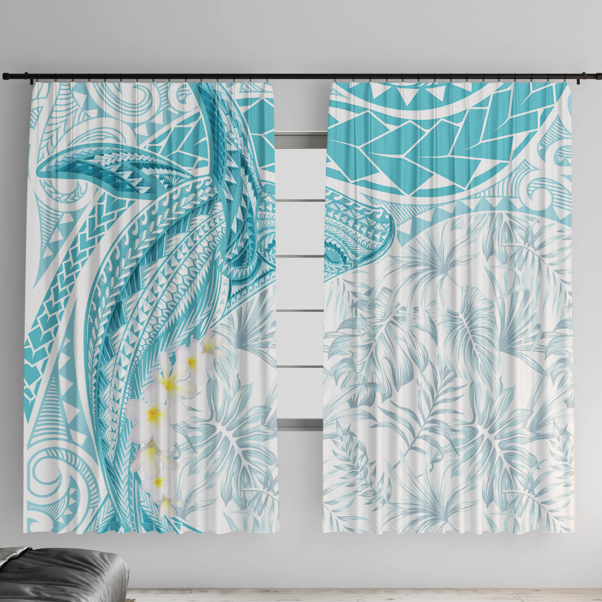 Polynesia Humpback Whale Window Curtain Tropical Plumeria Turquoise