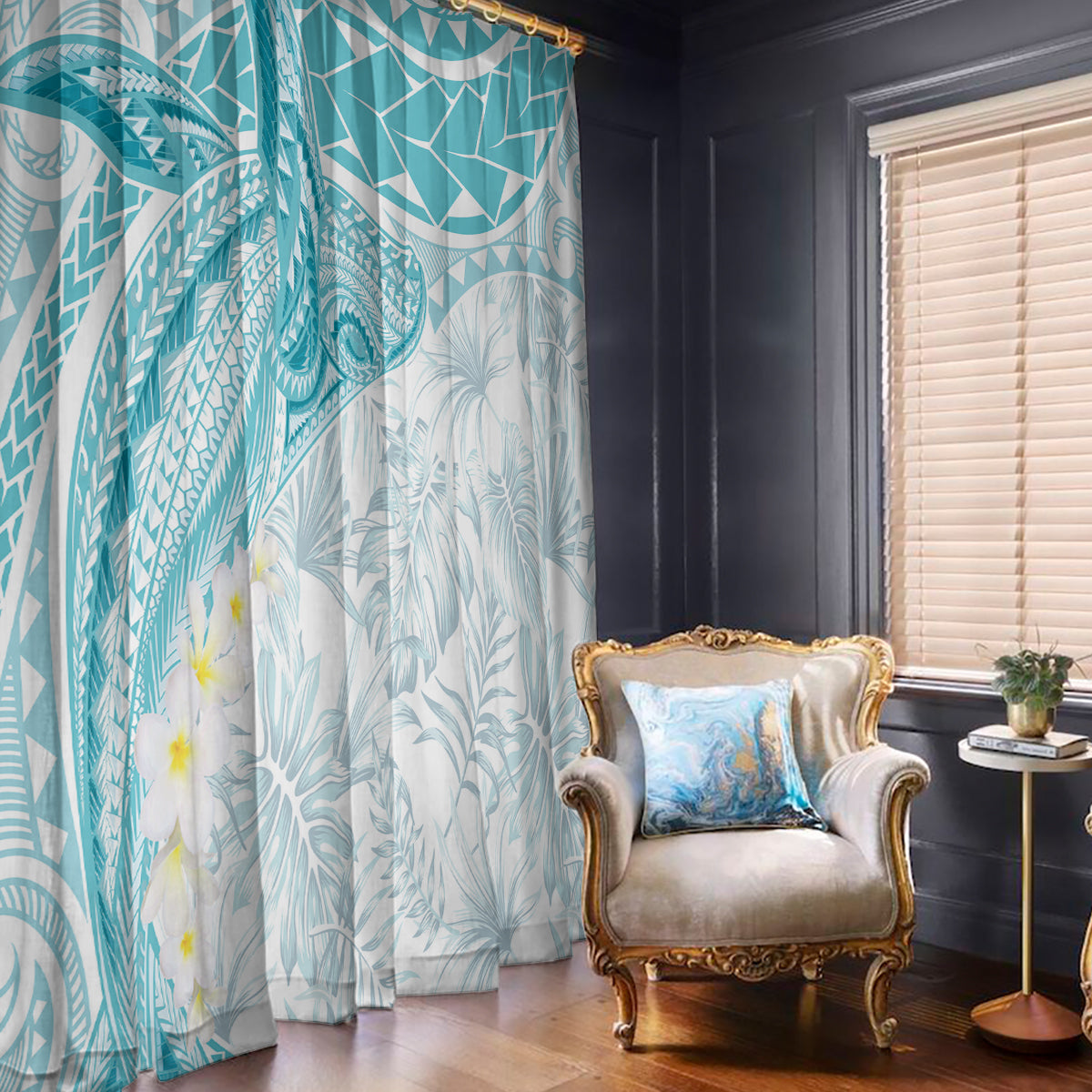 Polynesia Humpback Whale Window Curtain Tropical Plumeria Turquoise LT7 - Polynesian Pride