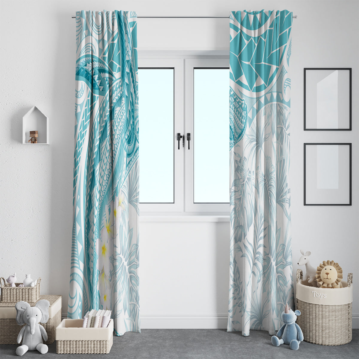 Polynesia Humpback Whale Window Curtain Tropical Plumeria Turquoise LT7 - Polynesian Pride