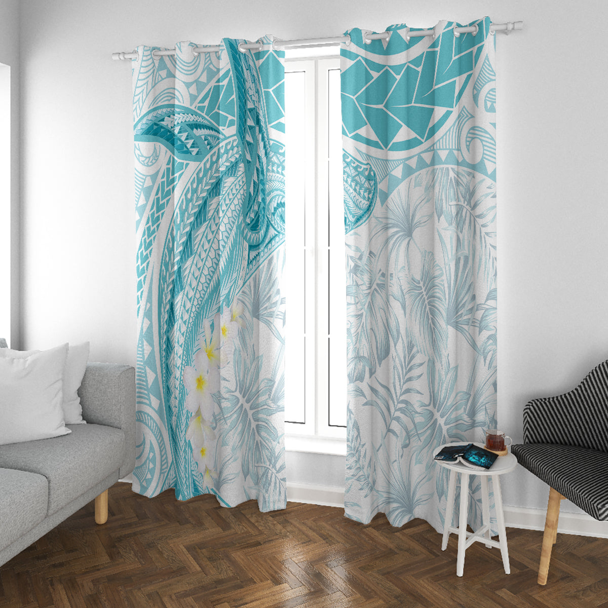 Polynesia Humpback Whale Window Curtain Tropical Plumeria Turquoise LT7 With Grommets Turquoise - Polynesian Pride