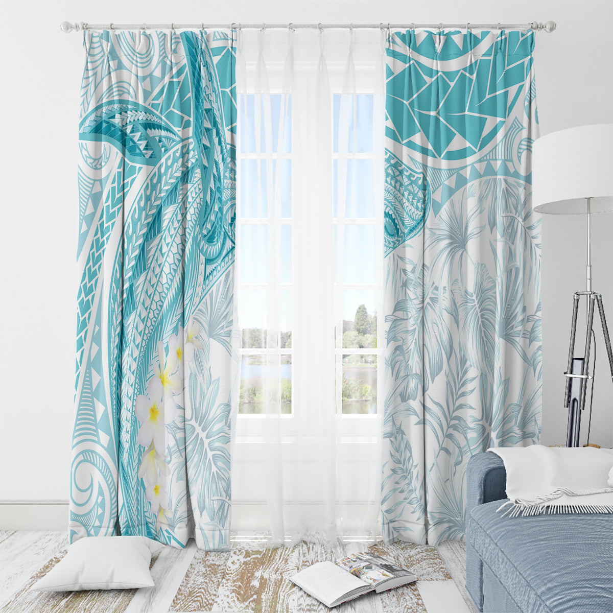 Polynesia Humpback Whale Window Curtain Tropical Plumeria Turquoise LT7 - Polynesian Pride