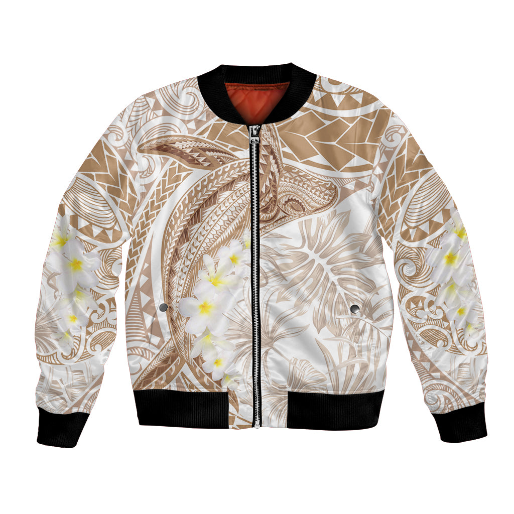 Polynesia Humpback Whale Bomber Jacket Tropical Plumeria Beige LT7 Unisex Beige - Polynesian Pride