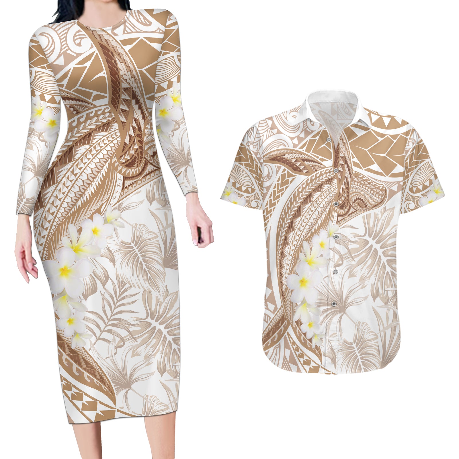 Polynesia Humpback Whale Couples Matching Long Sleeve Bodycon Dress and Hawaiian Shirt Tropical Plumeria Beige