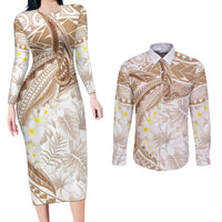 Polynesia Humpback Whale Couples Matching Long Sleeve Bodycon Dress and Long Sleeve Button Shirt Tropical Plumeria Beige LT7 Beige - Polynesian Pride
