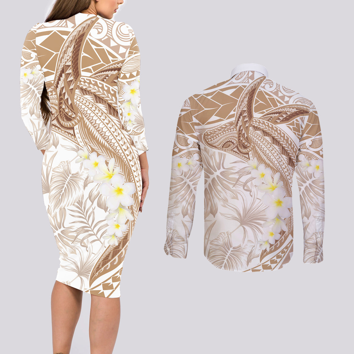Polynesia Humpback Whale Couples Matching Long Sleeve Bodycon Dress and Long Sleeve Button Shirt Tropical Plumeria Beige LT7 - Polynesian Pride