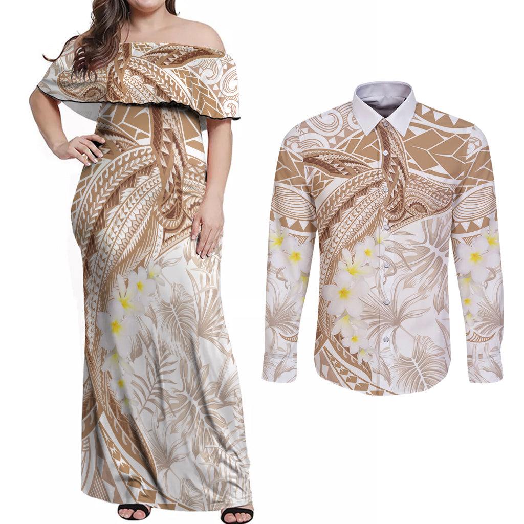 Polynesia Humpback Whale Couples Matching Off Shoulder Maxi Dress and Long Sleeve Button Shirt Tropical Plumeria Beige LT7 Beige - Polynesian Pride