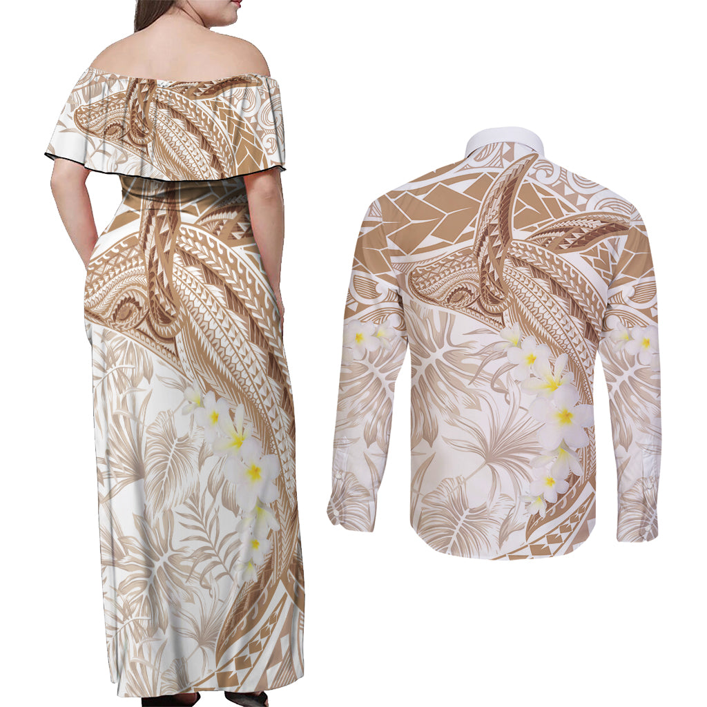 Polynesia Humpback Whale Couples Matching Off Shoulder Maxi Dress and Long Sleeve Button Shirt Tropical Plumeria Beige LT7 - Polynesian Pride