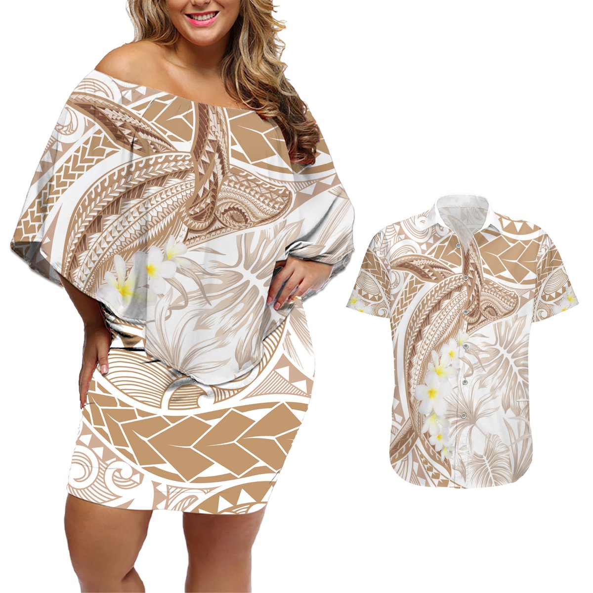Polynesia Humpback Whale Couples Matching Off Shoulder Short Dress and Hawaiian Shirt Tropical Plumeria Beige LT7 Beige - Polynesian Pride
