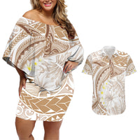 Polynesia Humpback Whale Couples Matching Off Shoulder Short Dress and Hawaiian Shirt Tropical Plumeria Beige LT7 Beige - Polynesian Pride