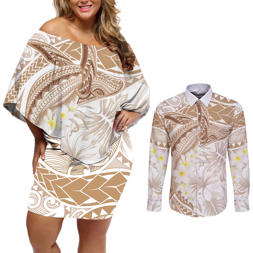 Polynesia Humpback Whale Couples Matching Off Shoulder Short Dress and Long Sleeve Button Shirt Tropical Plumeria Beige LT7 Beige - Polynesian Pride