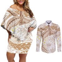 Polynesia Humpback Whale Couples Matching Off Shoulder Short Dress and Long Sleeve Button Shirt Tropical Plumeria Beige LT7 Beige - Polynesian Pride