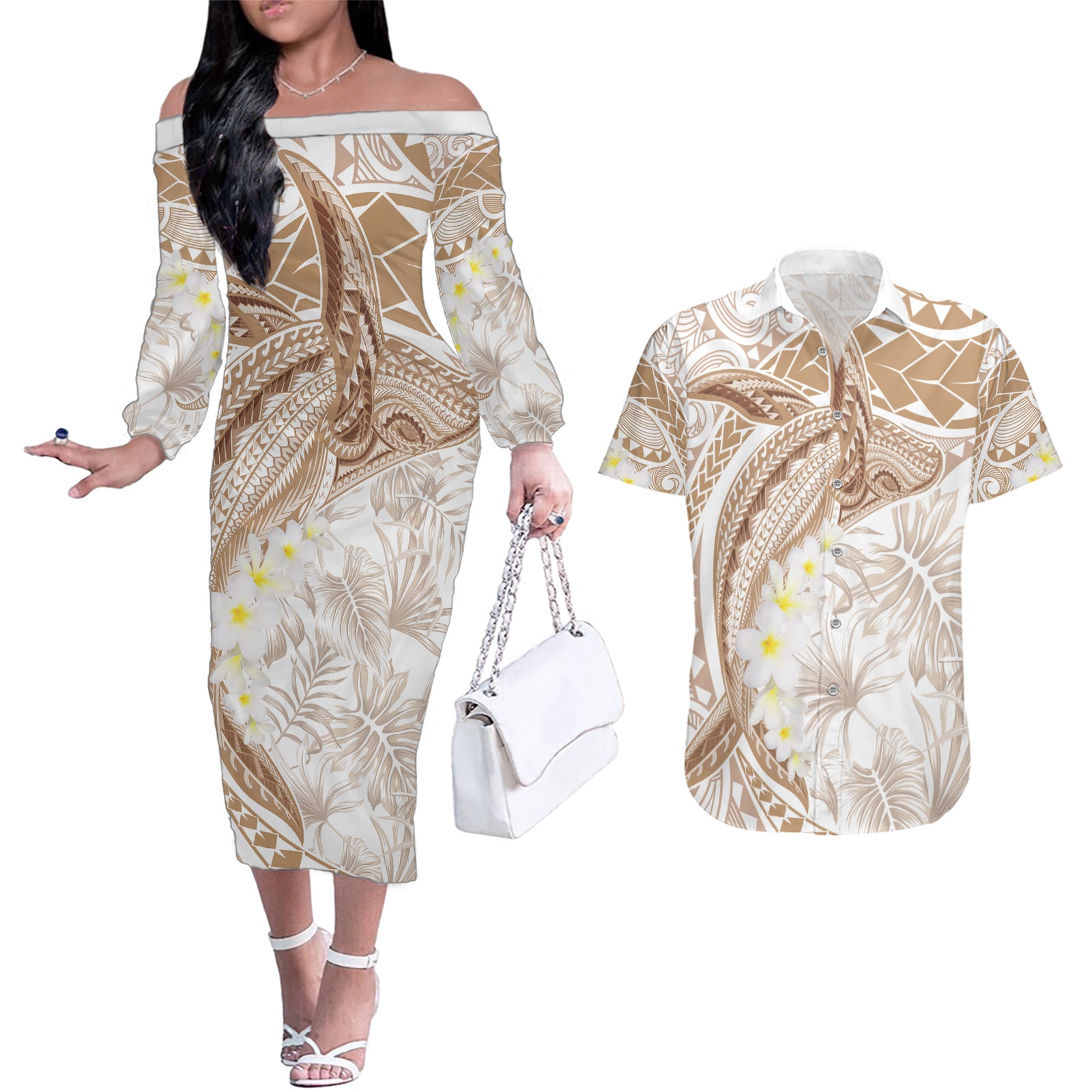 Polynesia Humpback Whale Couples Matching Off The Shoulder Long Sleeve Dress and Hawaiian Shirt Tropical Plumeria Beige LT7 Beige - Polynesian Pride