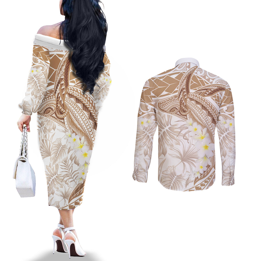 Polynesia Humpback Whale Couples Matching Off The Shoulder Long Sleeve Dress and Long Sleeve Button Shirt Tropical Plumeria Beige LT7 - Polynesian Pride