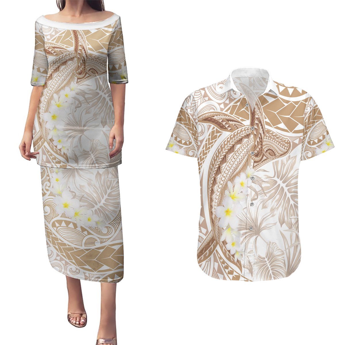 Polynesia Humpback Whale Couples Matching Puletasi and Hawaiian Shirt Tropical Plumeria Beige LT7 Beige - Polynesian Pride
