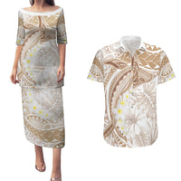 Polynesia Humpback Whale Couples Matching Puletasi and Hawaiian Shirt Tropical Plumeria Beige LT7 Beige - Polynesian Pride