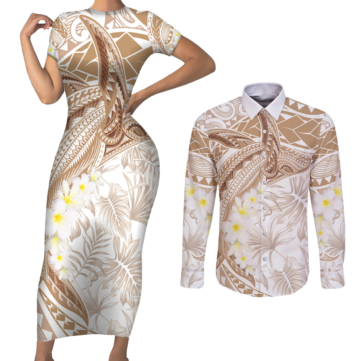 Polynesia Humpback Whale Couples Matching Short Sleeve Bodycon Dress and Long Sleeve Button Shirt Tropical Plumeria Beige LT7 Beige - Polynesian Pride