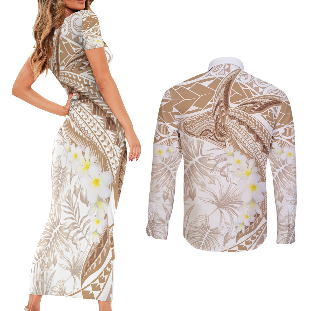 Polynesia Humpback Whale Couples Matching Short Sleeve Bodycon Dress and Long Sleeve Button Shirt Tropical Plumeria Beige LT7 - Polynesian Pride
