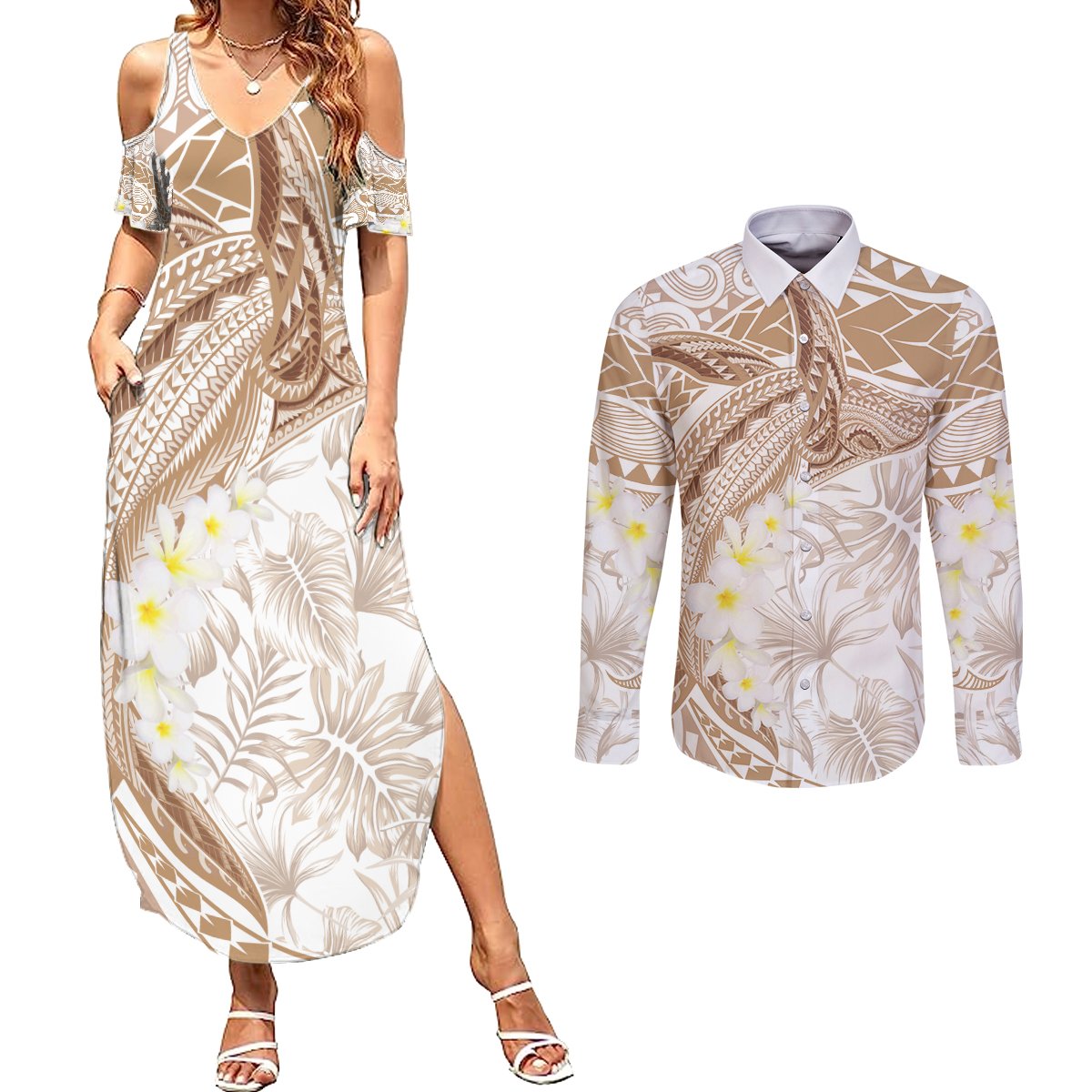 Polynesia Humpback Whale Couples Matching Summer Maxi Dress and Long Sleeve Button Shirt Tropical Plumeria Beige LT7 Beige - Polynesian Pride