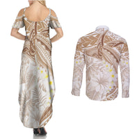 Polynesia Humpback Whale Couples Matching Summer Maxi Dress and Long Sleeve Button Shirt Tropical Plumeria Beige LT7 - Polynesian Pride