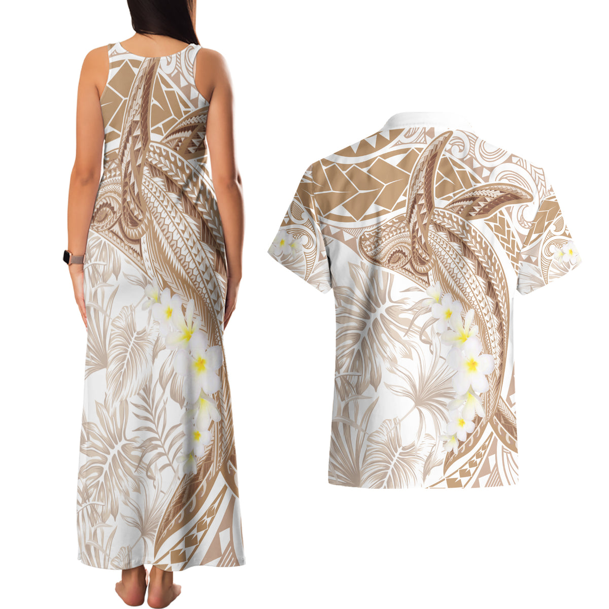 Polynesia Humpback Whale Couples Matching Tank Maxi Dress and Hawaiian Shirt Tropical Plumeria Beige LT7 - Polynesian Pride