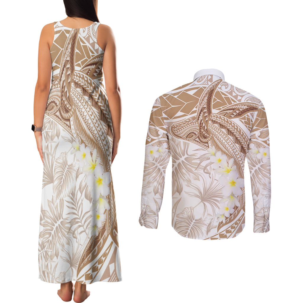 Polynesia Humpback Whale Couples Matching Tank Maxi Dress and Long Sleeve Button Shirt Tropical Plumeria Beige LT7 - Polynesian Pride