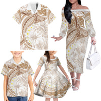 Polynesia Humpback Whale Family Matching Off The Shoulder Long Sleeve Dress and Hawaiian Shirt Tropical Plumeria Beige