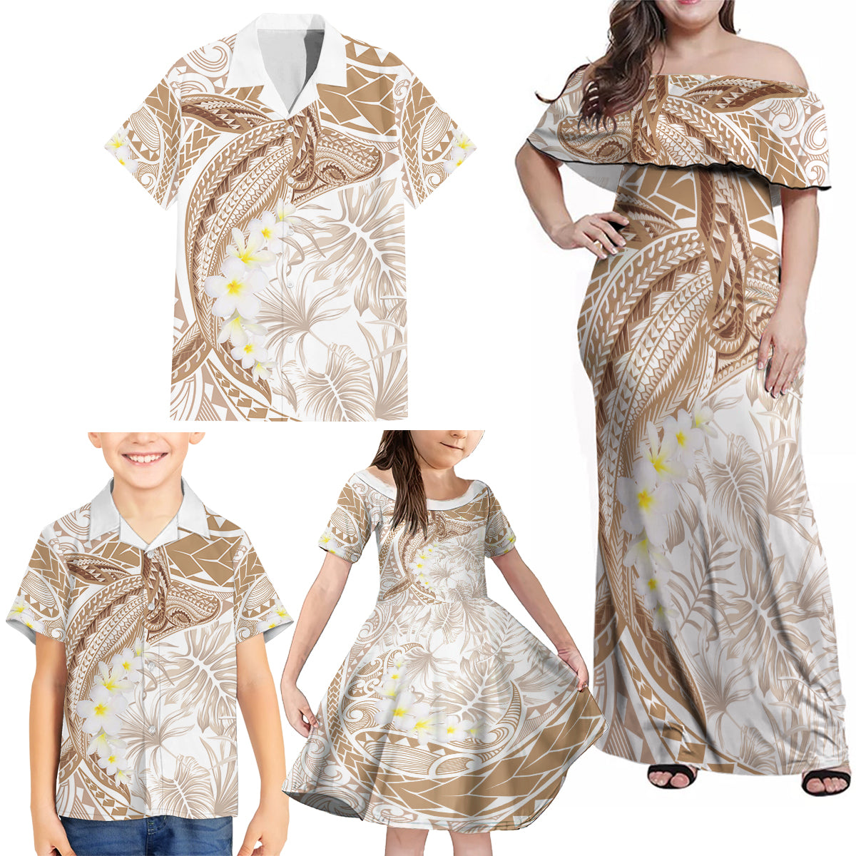 Polynesia Humpback Whale Family Matching Off Shoulder Maxi Dress and Hawaiian Shirt Tropical Plumeria Beige