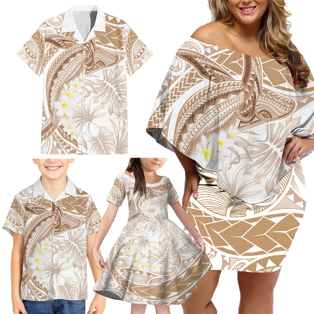 Polynesia Humpback Whale Family Matching Off Shoulder Short Dress and Hawaiian Shirt Tropical Plumeria Beige