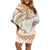 Polynesia Humpback Whale Family Matching Off Shoulder Short Dress and Hawaiian Shirt Tropical Plumeria Beige