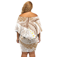 Polynesia Humpback Whale Family Matching Off Shoulder Short Dress and Hawaiian Shirt Tropical Plumeria Beige