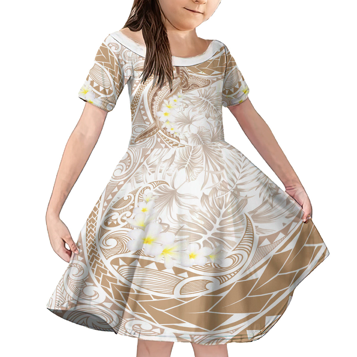 Polynesia Humpback Whale Family Matching Puletasi and Hawaiian Shirt Tropical Plumeria Beige LT7 Daughter's Dress Beige - Polynesian Pride