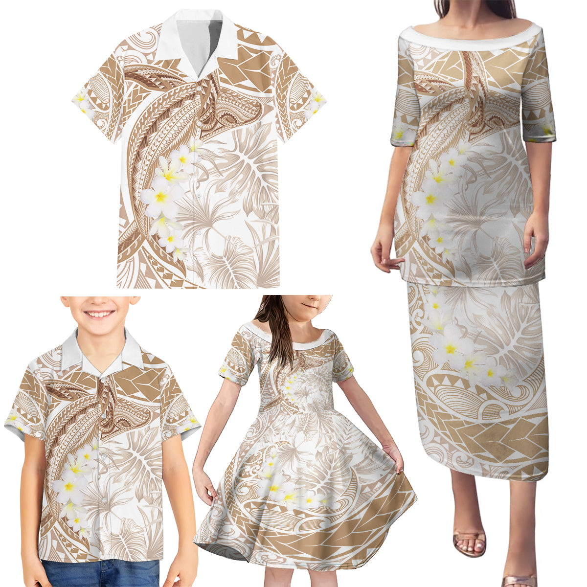 Polynesia Humpback Whale Family Matching Puletasi and Hawaiian Shirt Tropical Plumeria Beige LT7 - Polynesian Pride