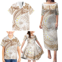 Polynesia Humpback Whale Family Matching Puletasi and Hawaiian Shirt Tropical Plumeria Beige LT7 - Polynesian Pride
