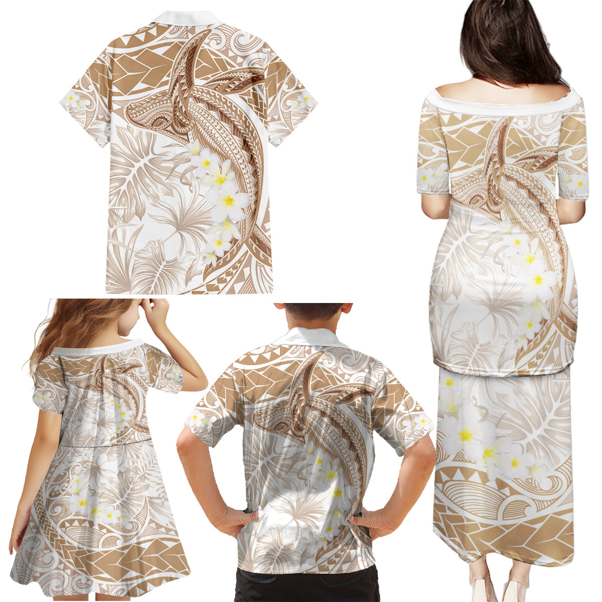 Polynesia Humpback Whale Family Matching Puletasi and Hawaiian Shirt Tropical Plumeria Beige LT7 - Polynesian Pride