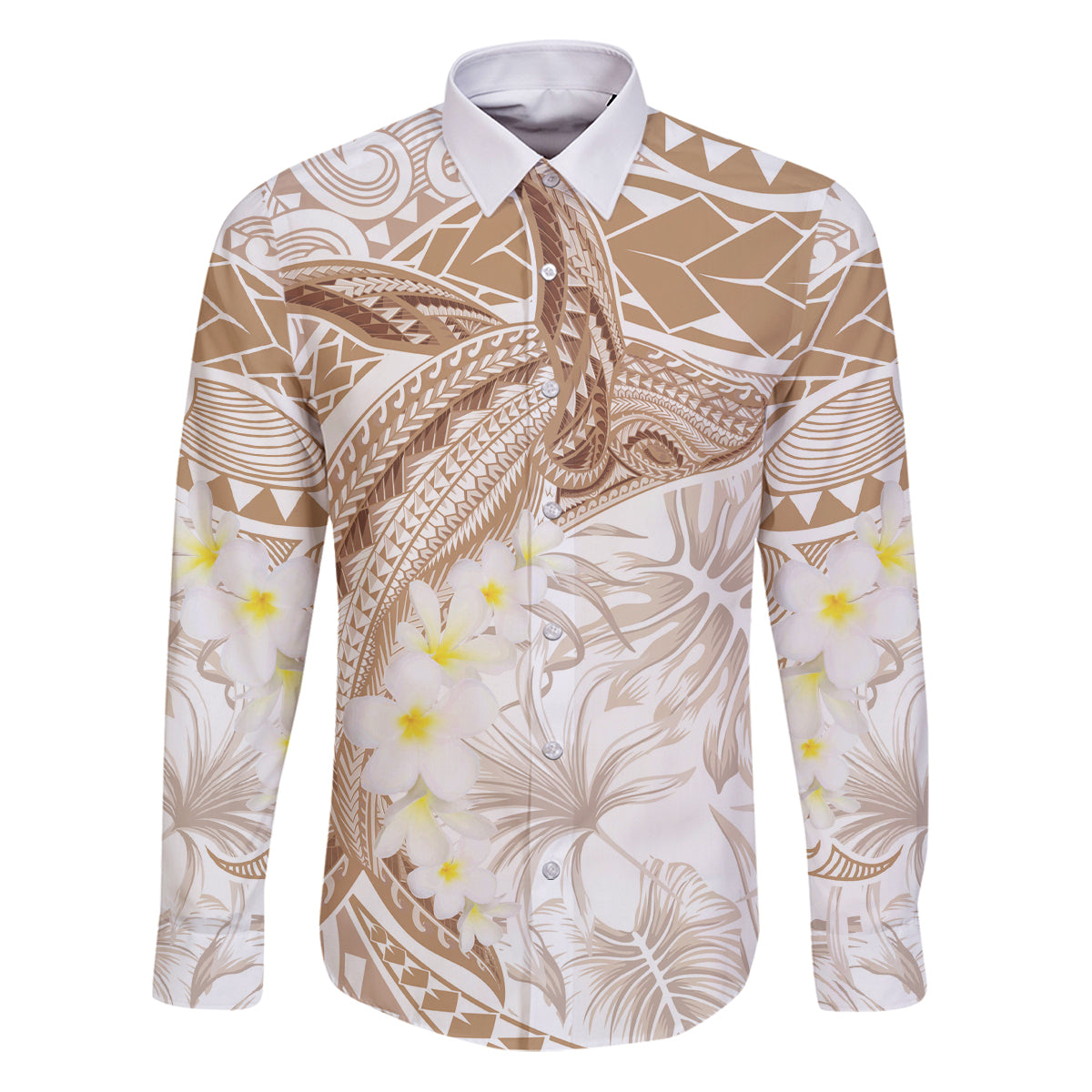 Polynesia Humpback Whale Family Matching Puletasi and Hawaiian Shirt Tropical Plumeria Beige LT7 Dad's Shirt - Long Sleeve Beige - Polynesian Pride