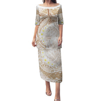 Polynesia Humpback Whale Family Matching Puletasi and Hawaiian Shirt Tropical Plumeria Beige LT7 Mom's Dress Beige - Polynesian Pride