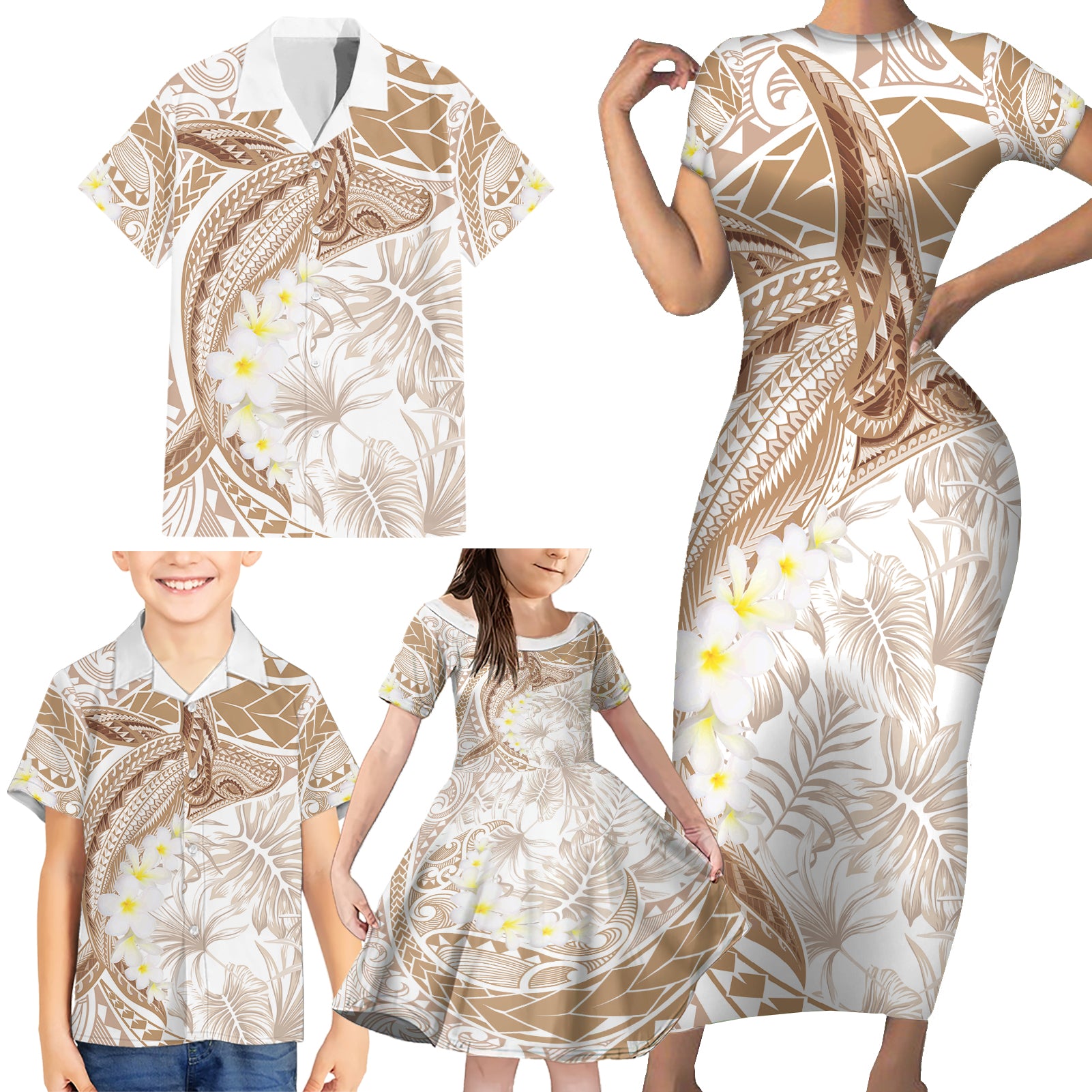 Polynesia Humpback Whale Family Matching Short Sleeve Bodycon Dress and Hawaiian Shirt Tropical Plumeria Beige