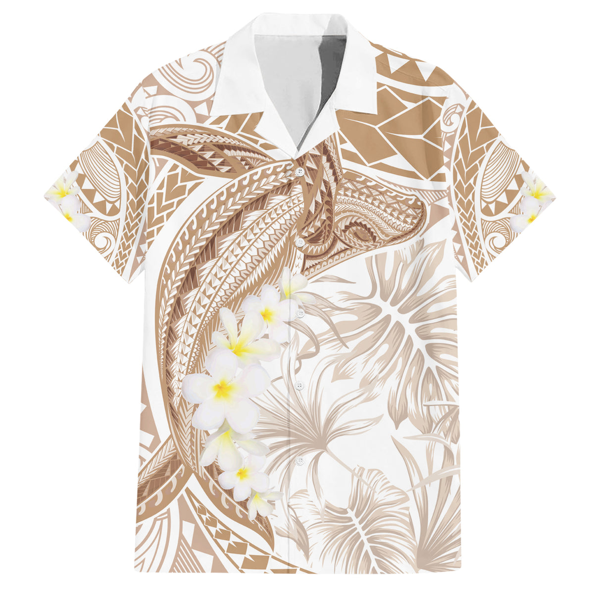 Polynesia Humpback Whale Family Matching Short Sleeve Bodycon Dress and Hawaiian Shirt Tropical Plumeria Beige