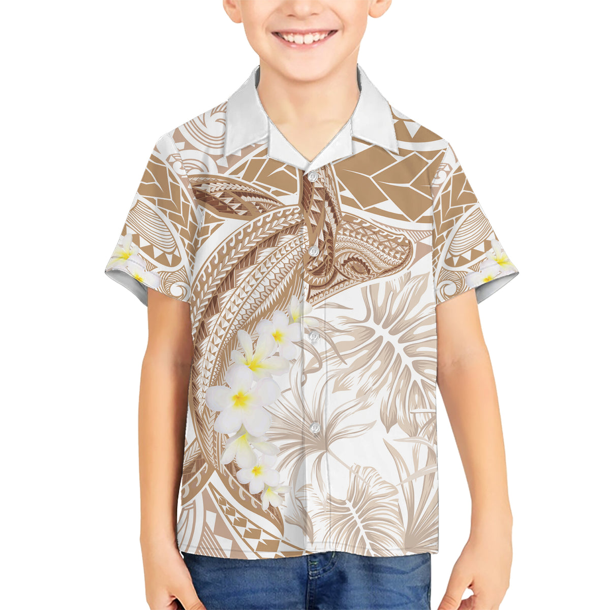 Polynesia Humpback Whale Family Matching Short Sleeve Bodycon Dress and Hawaiian Shirt Tropical Plumeria Beige