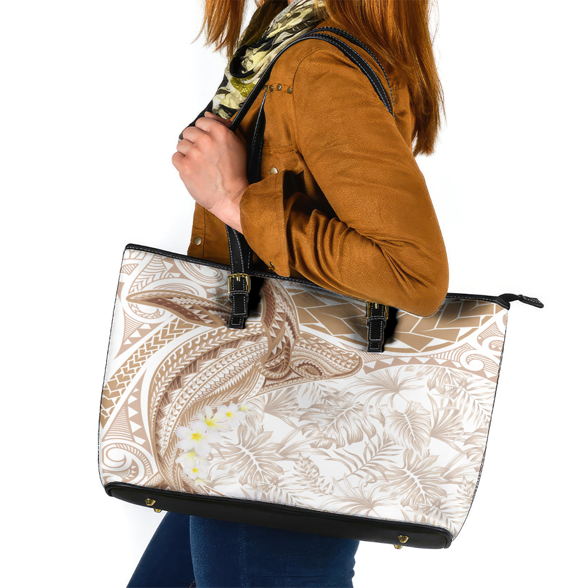 Polynesia Humpback Whale Leather Tote Bag Tropical Plumeria Beige LT7 Beige - Polynesian Pride