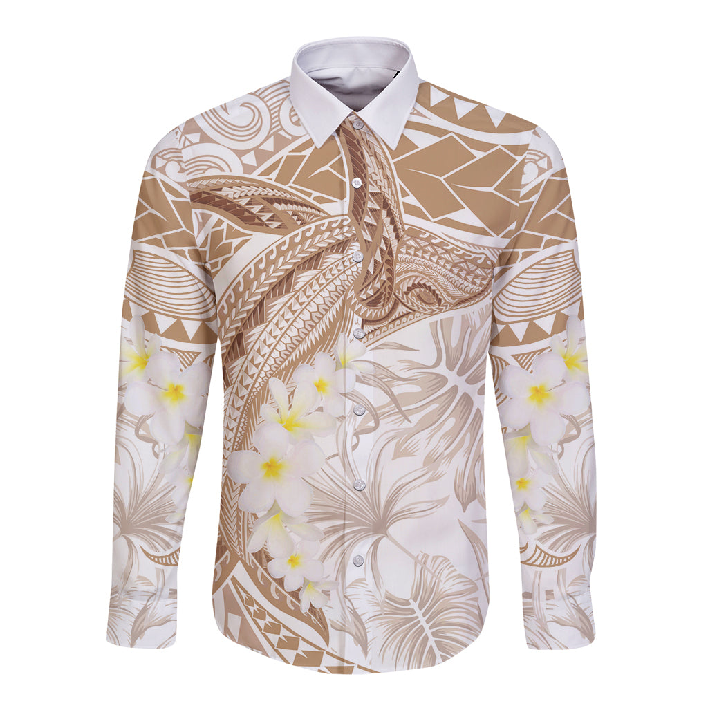 Polynesia Humpback Whale Long Sleeve Button Shirt Tropical Plumeria Beige
