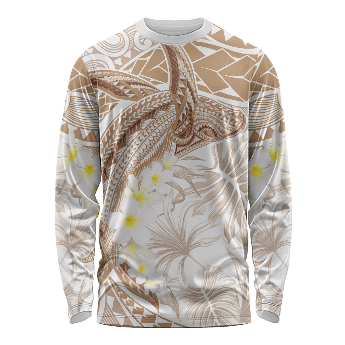 Polynesia Humpback Whale Long Sleeve Shirt Tropical Plumeria Beige