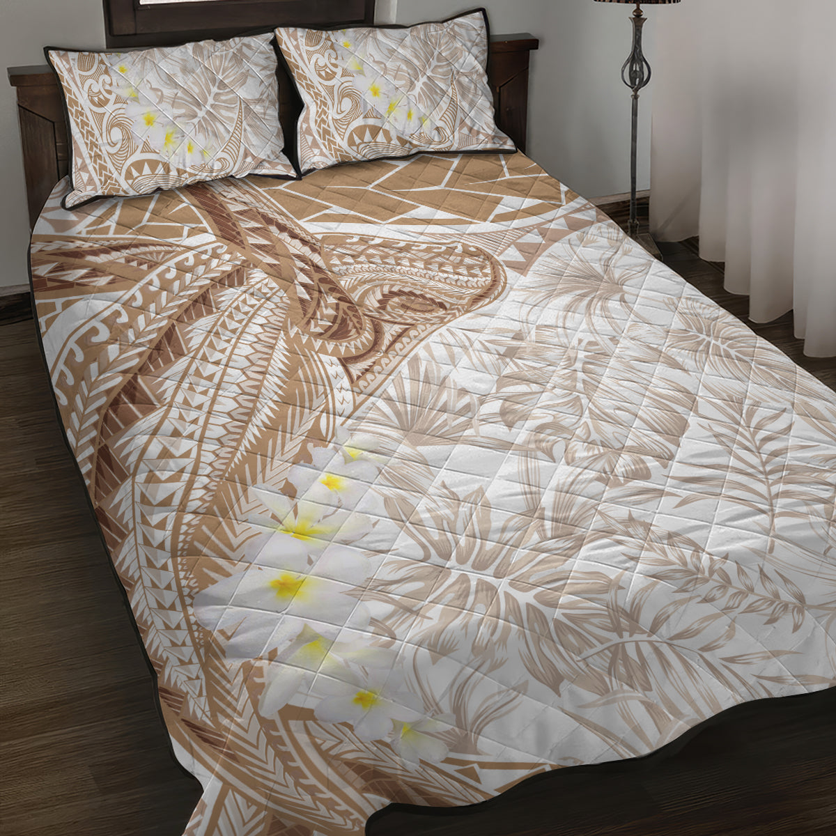 Polynesia Humpback Whale Quilt Bed Set Tropical Plumeria Beige