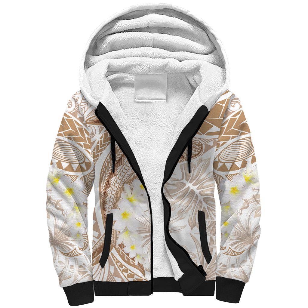 Polynesia Humpback Whale Sherpa Hoodie Tropical Plumeria Beige LT7 Unisex Beige - Polynesian Pride
