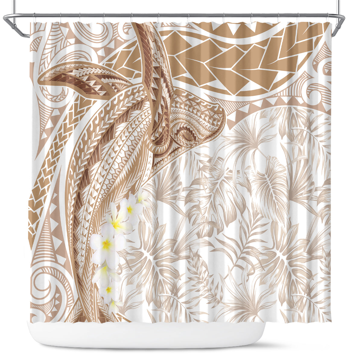 Polynesia Humpback Whale Shower Curtain Tropical Plumeria Beige