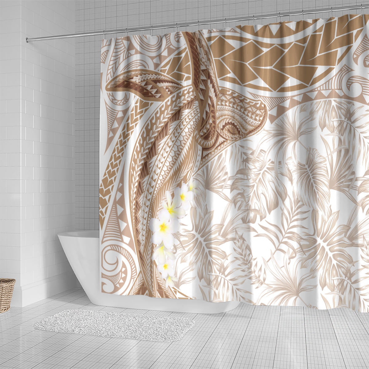 Polynesia Humpback Whale Shower Curtain Tropical Plumeria Beige