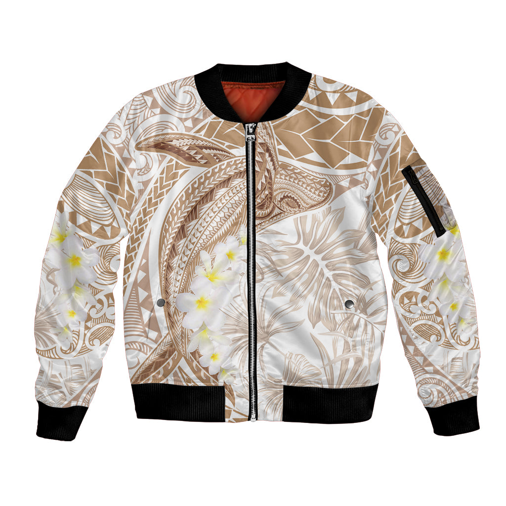 Polynesia Humpback Whale Sleeve Zip Bomber Jacket Tropical Plumeria Beige LT7 Unisex Beige - Polynesian Pride