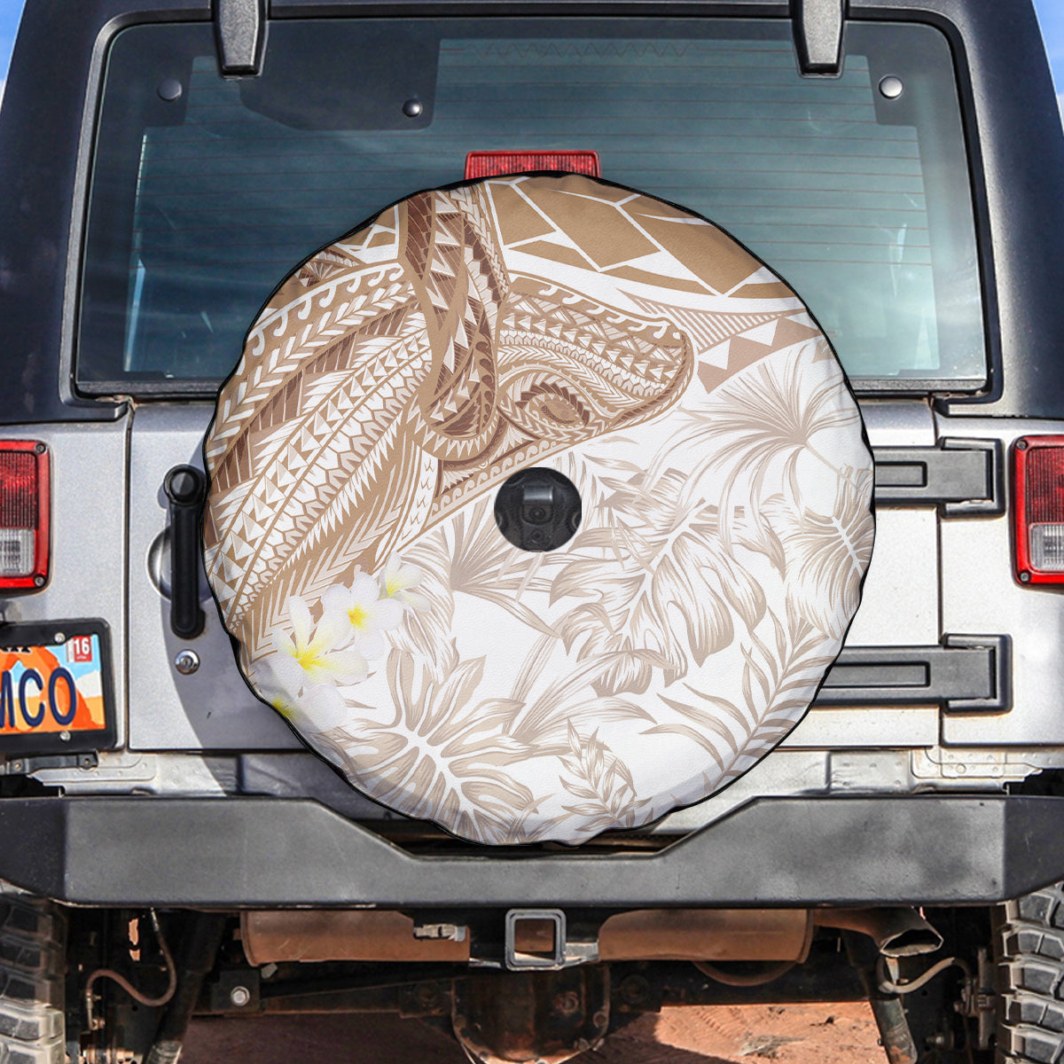 Polynesia Humpback Whale Spare Tire Cover Tropical Plumeria Beige