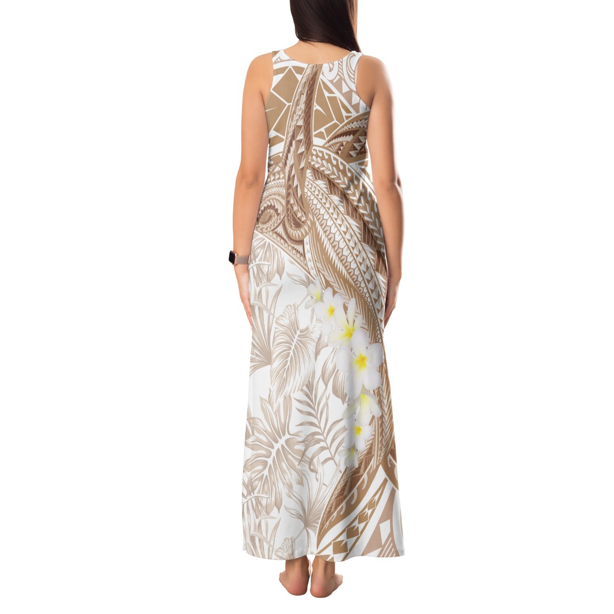 Polynesia Humpback Whale Tank Maxi Dress Tropical Plumeria Beige LT7 - Polynesian Pride
