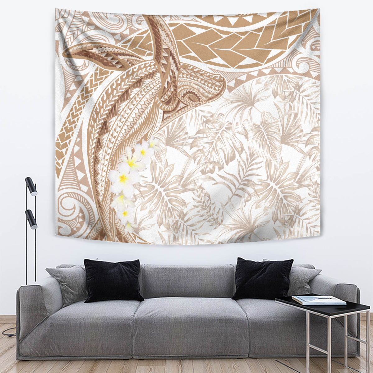 Polynesia Humpback Whale Tapestry Tropical Plumeria Beige